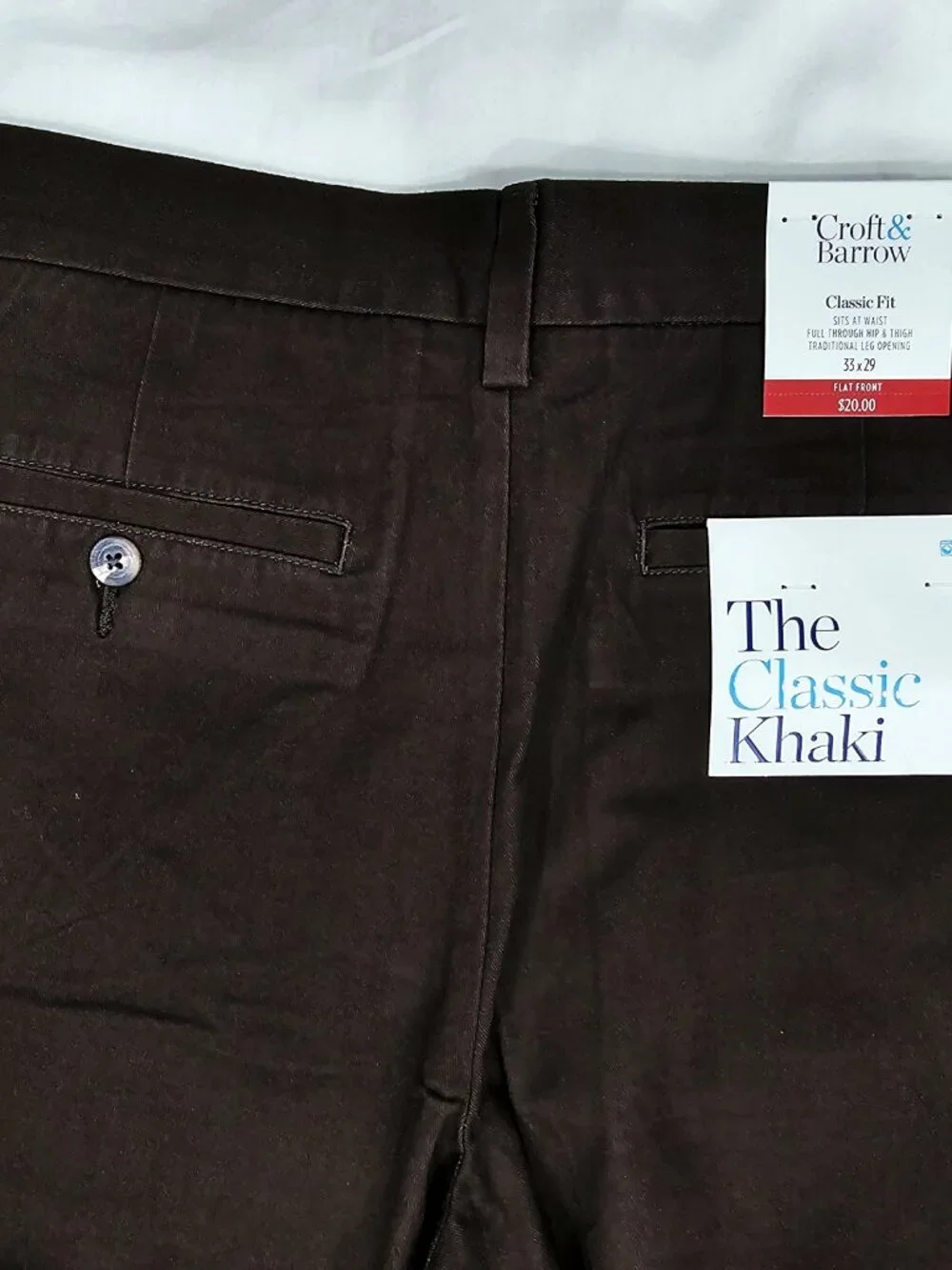Croft & Barrow dark brown classic fit flat front chinos size 33x29 NWT